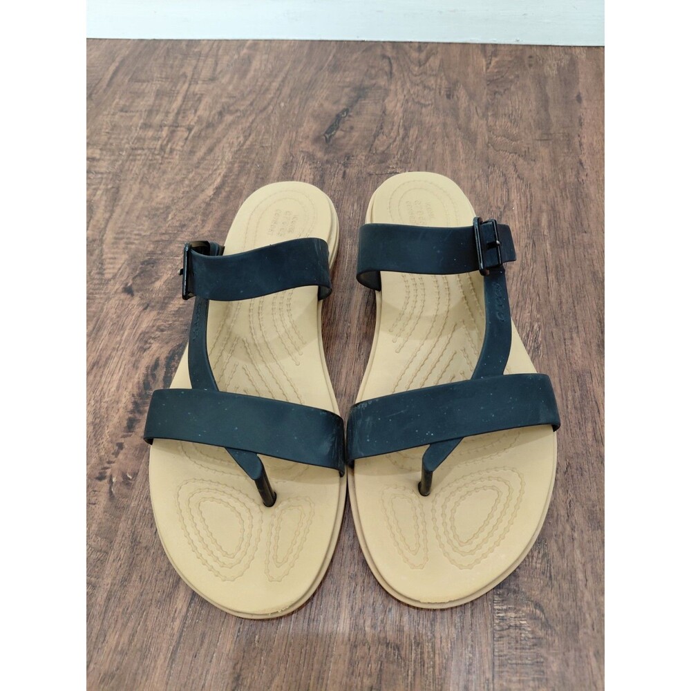 Crocs Tulum Toe Post Sandal Black Tan Rubber Comfort Sandals, Size Womens 10 - Picture 4 of 12